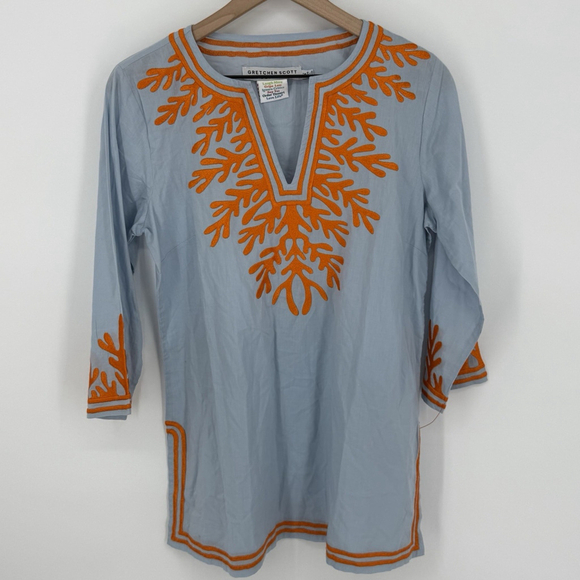 Gretchen Scott Designs Tops - Gretchen Scott Women’sThe Reef Tunic Blue Orange Coral Embroidery Cotton Small